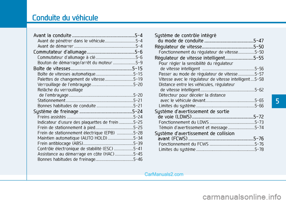 Hyundai Sonata 2016  Manuel du propriétaire (in French) Conduite du véhicule
5
Avant la conduite ...................................................5-4
Avant de pénétrer dans le véhicule..............................5-4
Avant de démarrer .............