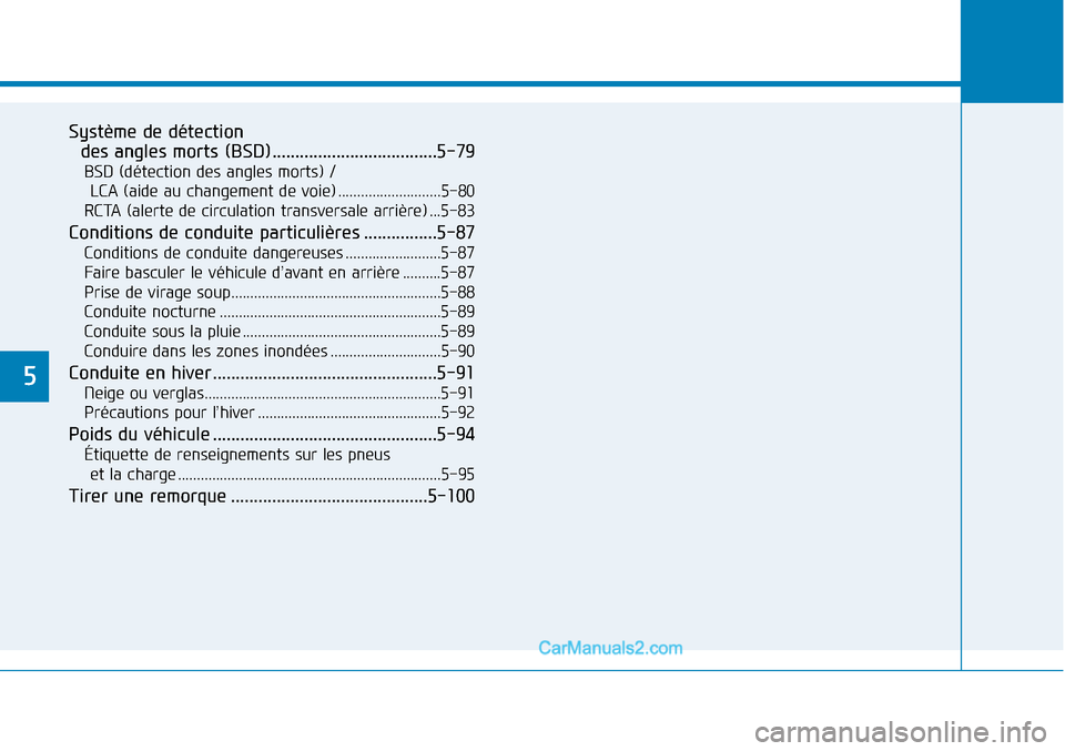 Hyundai Sonata 2016  Manuel du propriétaire (in French) 5
Système de détection des angles morts (BSD)....................................5-79
BSD (détection des angles morts) / 
LCA (aide au changement de voie) ...........................5-80
RCTA (aler