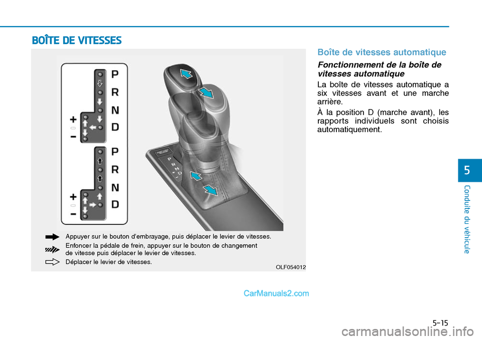 Hyundai Sonata 2016 Manuel du propriétaire (in French) 5-15
Conduite du véhicule
5
Boîte de vitesses automatique
Fonctionnement de la boîte devitesses automatique
La boîte de vitesses automatique a
six vitesses avant et une marche
arrière.
À la posi Hyundai Sonata 2016 Manuel du propriétaire (in French) 5-15
Conduite du véhicule
5
Boîte de vitesses automatique
Fonctionnement de la boîte devitesses automatique
La boîte de vitesses automatique a
six vitesses avant et une marche
arrière.
À la posi