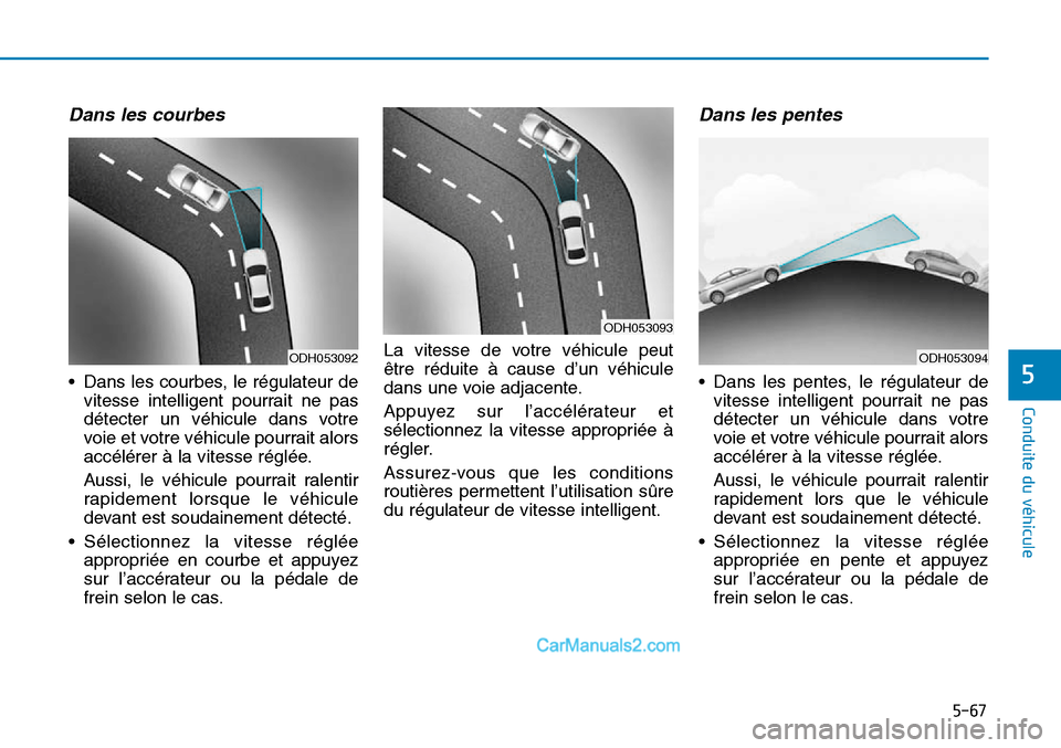 Hyundai Sonata 2016 Manuel du propriétaire (in French) 5-67
Conduite du véhicule
5
ODH053094
Dans les courbes
• Dans les courbes, le régulateur devitesse intelligent pourrait ne pas
détecter un véhicule dans votre
voie et votre véhicule pourrait al Hyundai Sonata 2016 Manuel du propriétaire (in French) 5-67
Conduite du véhicule
5
ODH053094
Dans les courbes
• Dans les courbes, le régulateur devitesse intelligent pourrait ne pas
détecter un véhicule dans votre
voie et votre véhicule pourrait al