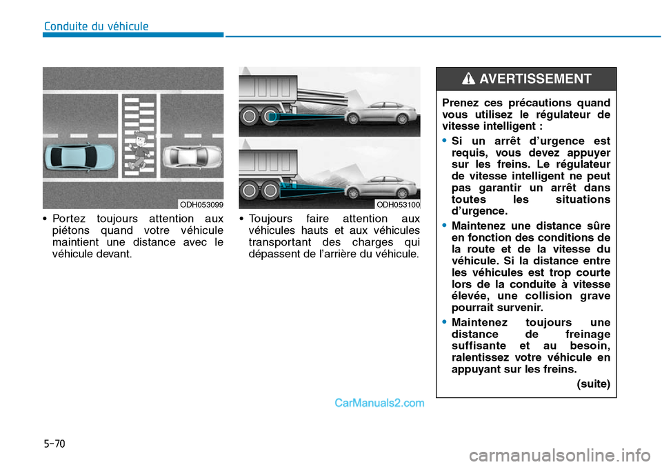 Hyundai Sonata 2016 Manuel du propriétaire (in French) 5-70
Conduite du véhiculePrenez ces précautions quand
vous utilisez le régulateur de
vitesse intelligent :
•Si un arrêt d’urgence est
requis, vous devez appuyer
sur les freins. Le régulateur
Hyundai Sonata 2016 Manuel du propriétaire (in French) 5-70
Conduite du véhiculePrenez ces précautions quand
vous utilisez le régulateur de
vitesse intelligent :
•Si un arrêt d’urgence est
requis, vous devez appuyer
sur les freins. Le régulateur