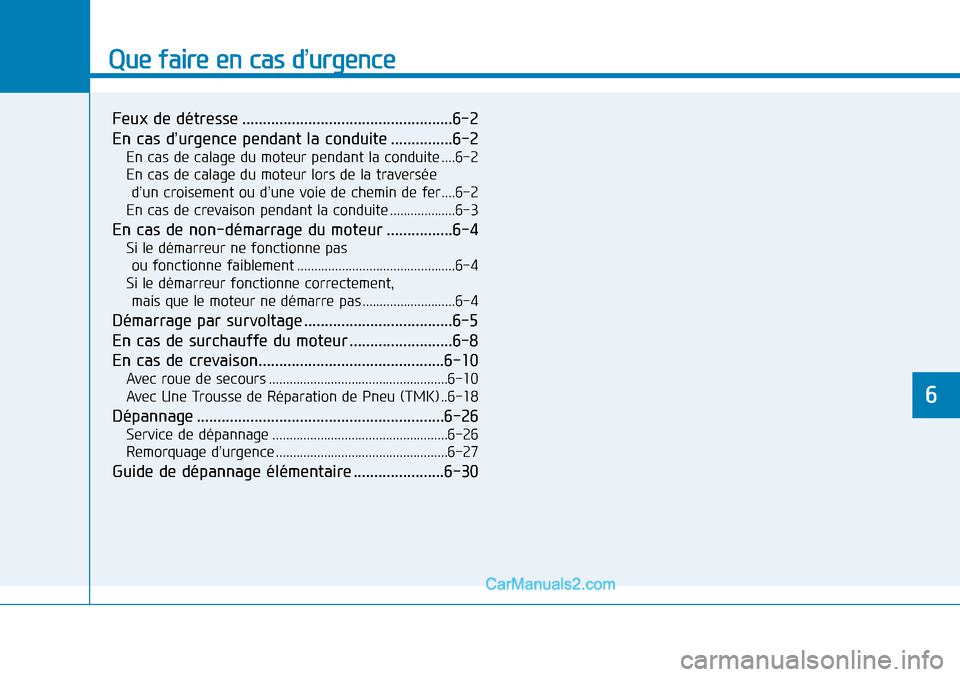 Hyundai Sonata 2016  Manuel du propriétaire (in French) Que faire en cas d’urgence
6
Feux de détresse ...................................................6-2
En cas d’urgence pendant la conduite ...............6-2
En cas de calage du moteur pendant la 