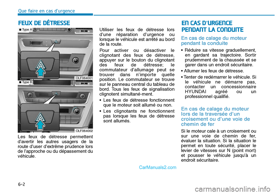 Hyundai Sonata 2016  Manuel du propriétaire (in French) 6-2
Les feux de détresse permettent
d’avertir les autres usagers de la
route d’user d’extrême prudence lors
de l’approche ou du dépassement du
véhicule.Utiliser les feux de détresse lors
