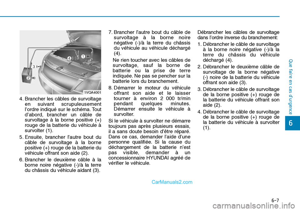 Hyundai Sonata 2016  Manuel du propriétaire (in French) 6-7
Que faire en cas d’urgence
6
1VQA4001
4. Brancher les câbles de survoltageen suivant scrupuleusement
l’ordre indiqué sur le schéma. Tout
d’abord, brancher un câble de
survoltage à la bo