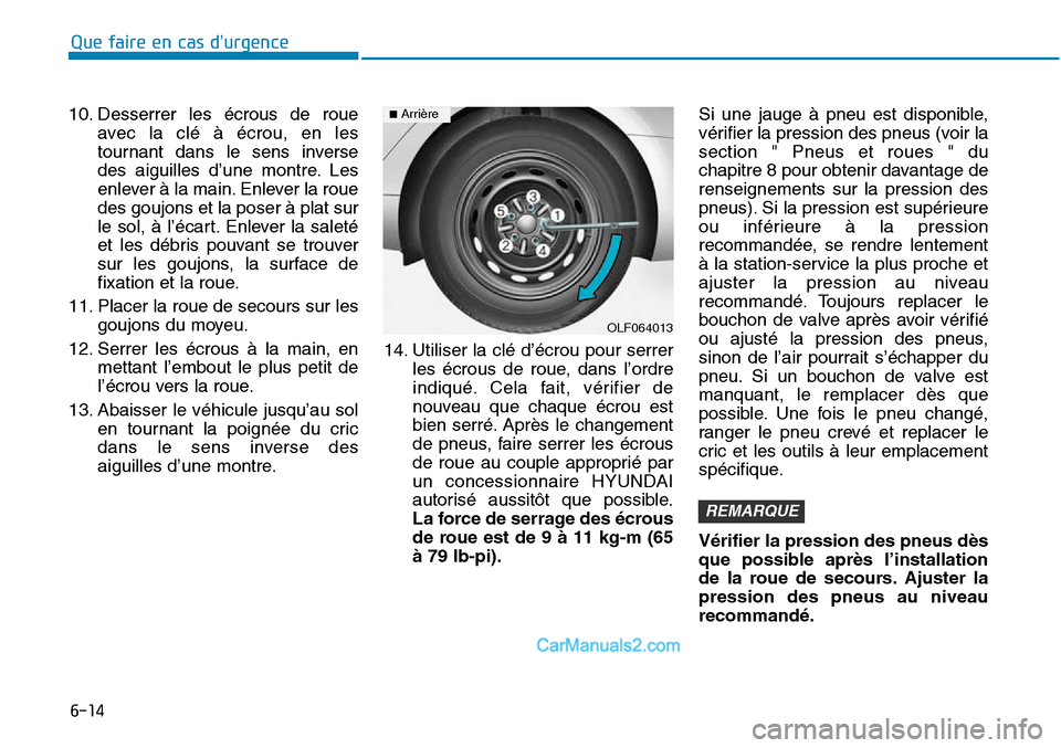 Hyundai Sonata 2016  Manuel du propriétaire (in French) 6-14
Que faire en cas d’urgence
10. Desserrer les écrous de roue avec la clé à écrou, en les
tournant dans le sens inverse
des aiguilles d’une montre. Les
enlever à la main. Enlever la roue
d