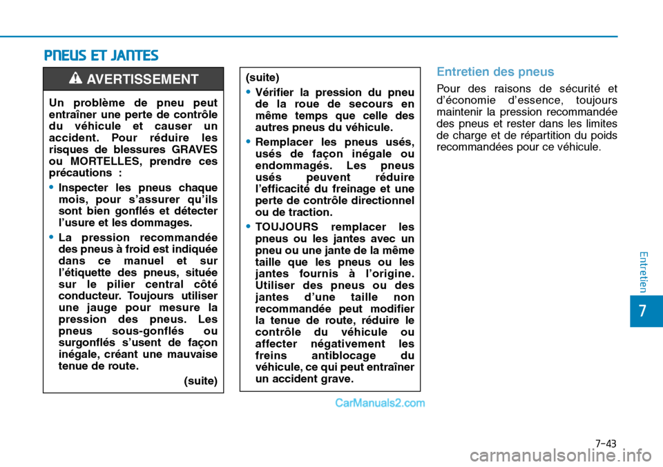 Hyundai Sonata 2016  Manuel du propriétaire (in French) 7-43
7
Entretien
PNEUS ET JANTES 
Entretien des pneus
Pour des raisons de sécurité et
d’économie d’essence, toujours
maintenir la pression recommandée
des pneus et rester dans les limites
de c