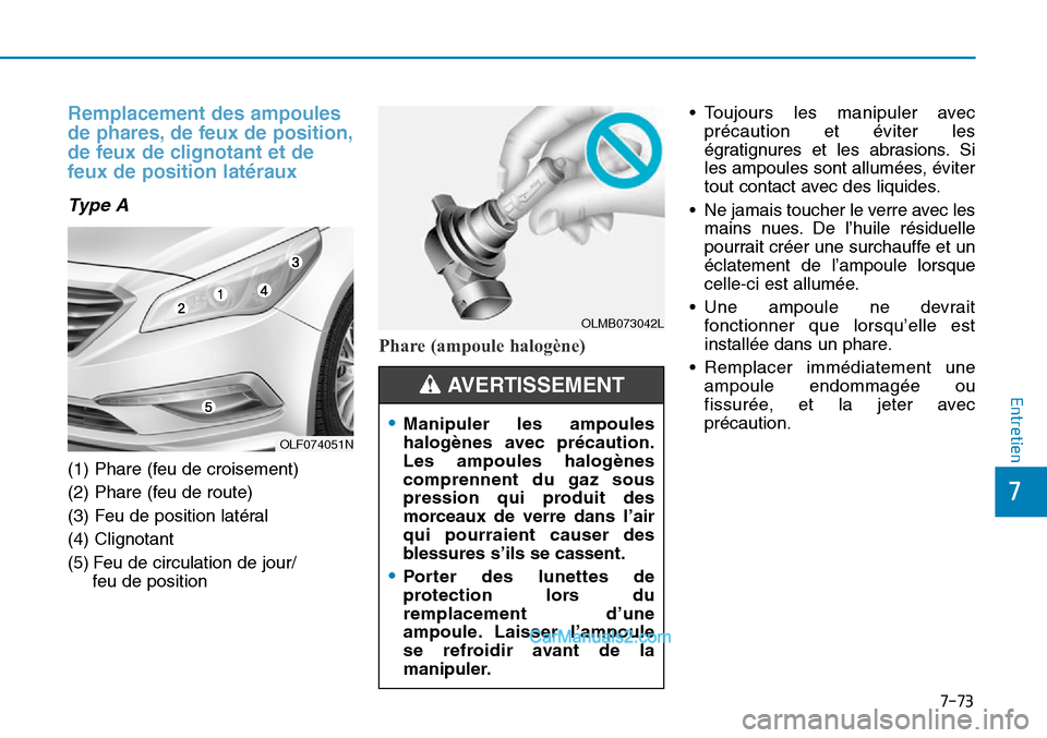 Hyundai Sonata 2016 Manuel du propriétaire (in French) 7-73
7
Entretien
Remplacement des ampoules
de phares, de feux de position,
de feux de clignotant et de
feux de position latéraux
Ty p e A
(1) Phare (feu de croisement)
(2) Phare (feu de route)
(3) F Hyundai Sonata 2016 Manuel du propriétaire (in French) 7-73
7
Entretien
Remplacement des ampoules
de phares, de feux de position,
de feux de clignotant et de
feux de position latéraux
Ty p e A
(1) Phare (feu de croisement)
(2) Phare (feu de route)
(3) F