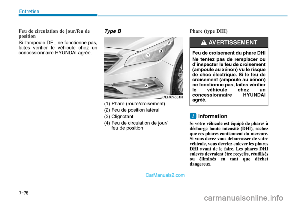 Hyundai Sonata 2016 Manuel du propriétaire (in French) 7-76
Entretien
Feu de circulation de jour/feu de
position
Si l’ampoule DEL ne fonctionne pas,
faites vérifier le véhicule chez un
concessionnaire HYUNDAI agréé.
Ty p e B
(1) Phare (route/crois Hyundai Sonata 2016 Manuel du propriétaire (in French) 7-76
Entretien
Feu de circulation de jour/feu de
position
Si l’ampoule DEL ne fonctionne pas,
faites vérifier le véhicule chez un
concessionnaire HYUNDAI agréé.
Ty p e B
(1) Phare (route/crois