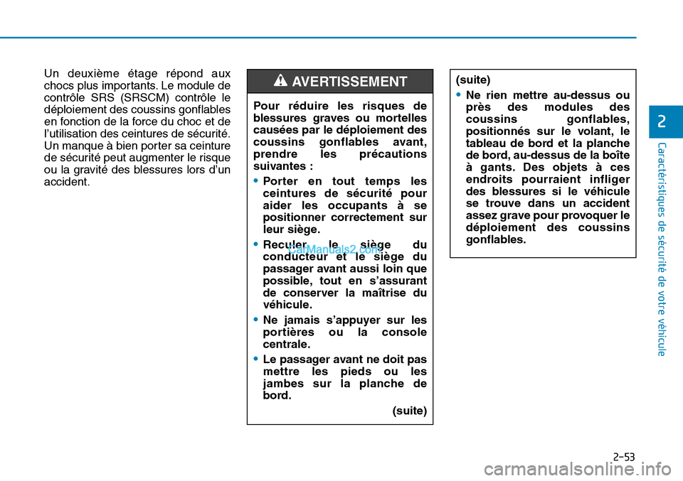 Hyundai Sonata 2016 Manuel du propriétaire (in French) 2-53
Caractéristiques de sécurité de votre véhicule
2
Un deuxième étage répond aux
chocs plus importants. Le module de
contrôle SRS (SRSCM) contrôle le
déploiement des coussins gonflables
en Hyundai Sonata 2016 Manuel du propriétaire (in French) 2-53
Caractéristiques de sécurité de votre véhicule
2
Un deuxième étage répond aux
chocs plus importants. Le module de
contrôle SRS (SRSCM) contrôle le
déploiement des coussins gonflables
en
