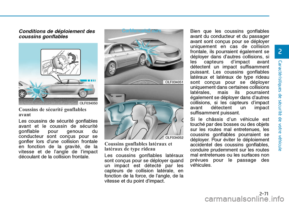 Hyundai Sonata 2016  Manuel du propriétaire (in French) 2-71
Caractéristiques de sécurité de votre véhicule
2
Conditions de déploiement descoussins gonflables
Coussins de sécurité gonflables
avant
Les coussins de sécurité gonflables
avant et le co
