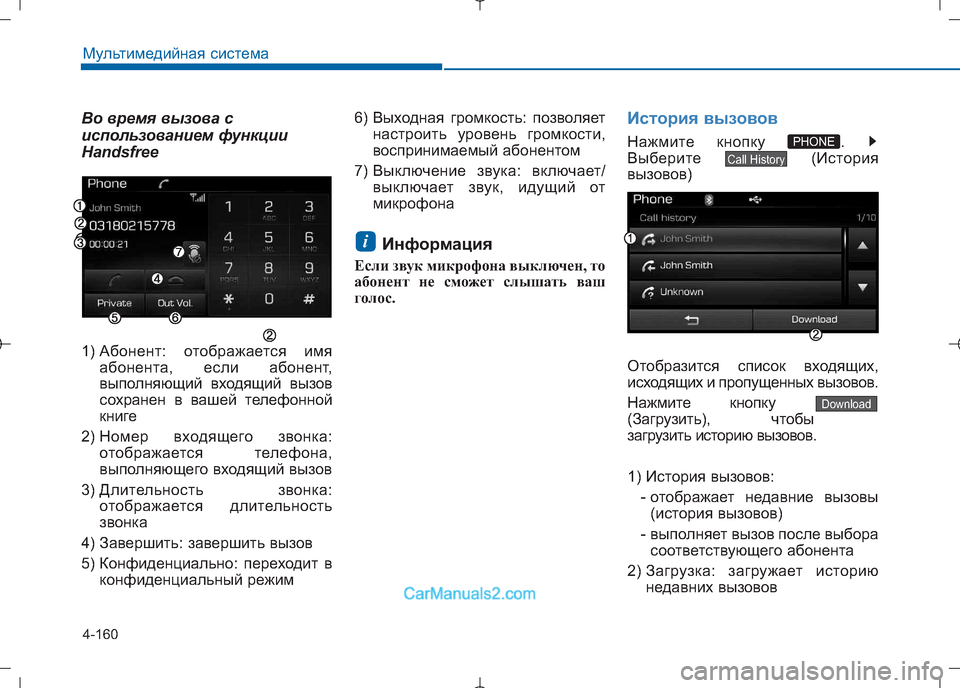 Hyundai Sonata 2016  Инструкция по эксплуатации (in Russian) 4-160
Мультимедийная система
Во время вызова с 
использованием функции
Handsfree 
1) Абонент: отображается имяабонен