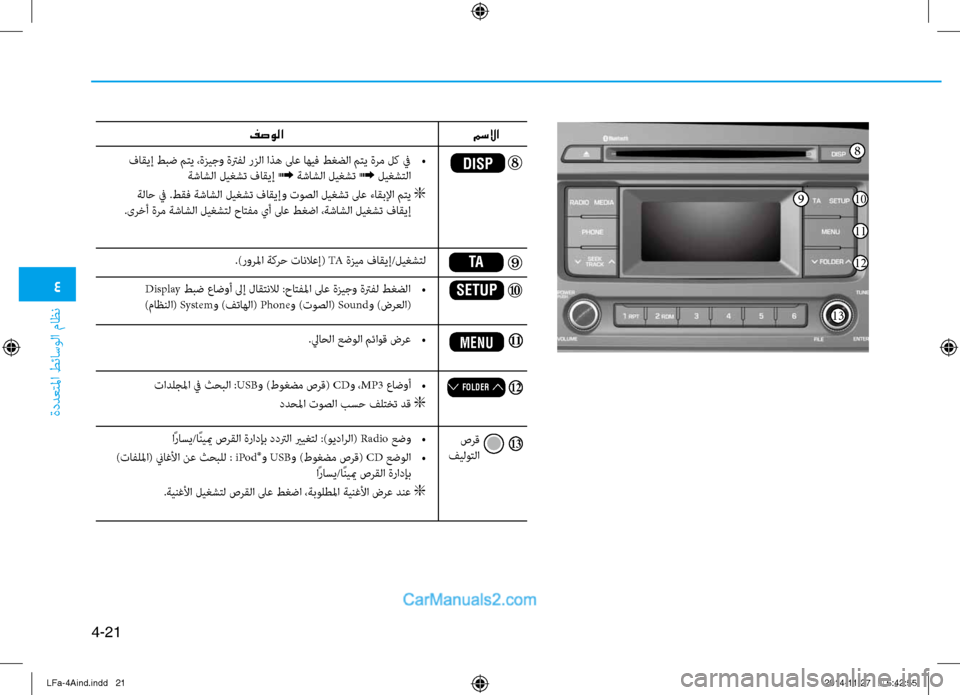 Hyundai Sonata 2016  دليل المالك 4
ةددعتلما طئاسولا ثيfاظن
4-21
.)رورلما ةكرح تانلاعإ( TA ةزيم فاقيإ/ليغشتل
 Display  طبض عاضوأ لىإ لاقتنلال :حاتفلما لى�