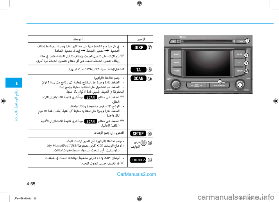 Hyundai Sonata 2016  دليل المالك 4
ةددعتلما طئاسولا ماظن
4-55
.)رورلما ةكرح تانلا\fإ( TA ةزيم فاقيإ/ليغشتل
)ويدارلا(  Radio عضو  
•
ٍناوث 5 ةدلم ثب جمانرب