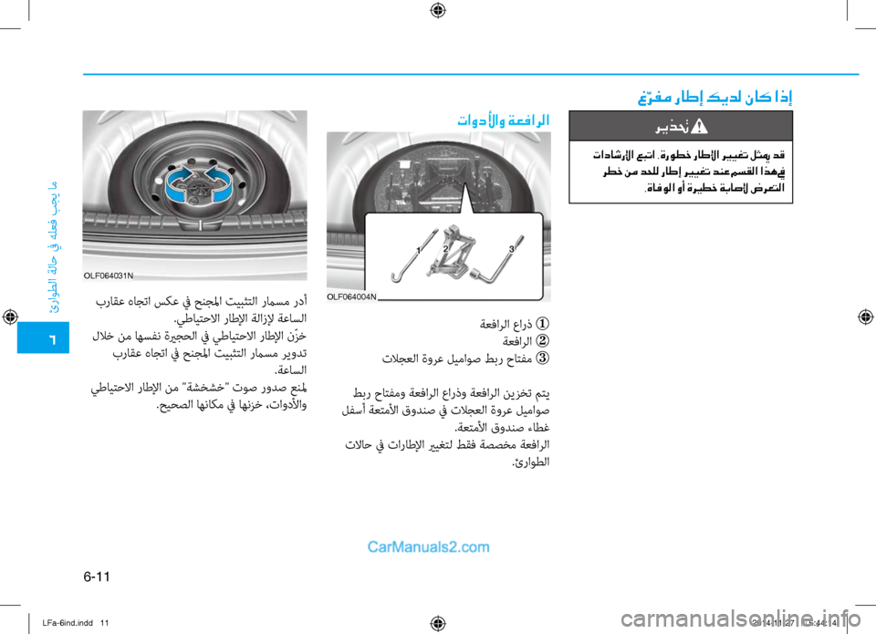 Hyundai Sonata 2016  دليل المالك 6
ئراوطلا ةلا\b في هلعف بجي ام\ف
6-11
غّ
رفم راطإ كيدل ناك اذإ
تاودلأاو ةعفارلا
OLF064004n
ةعفارلا عارذ 

ةعفارلا  
تل