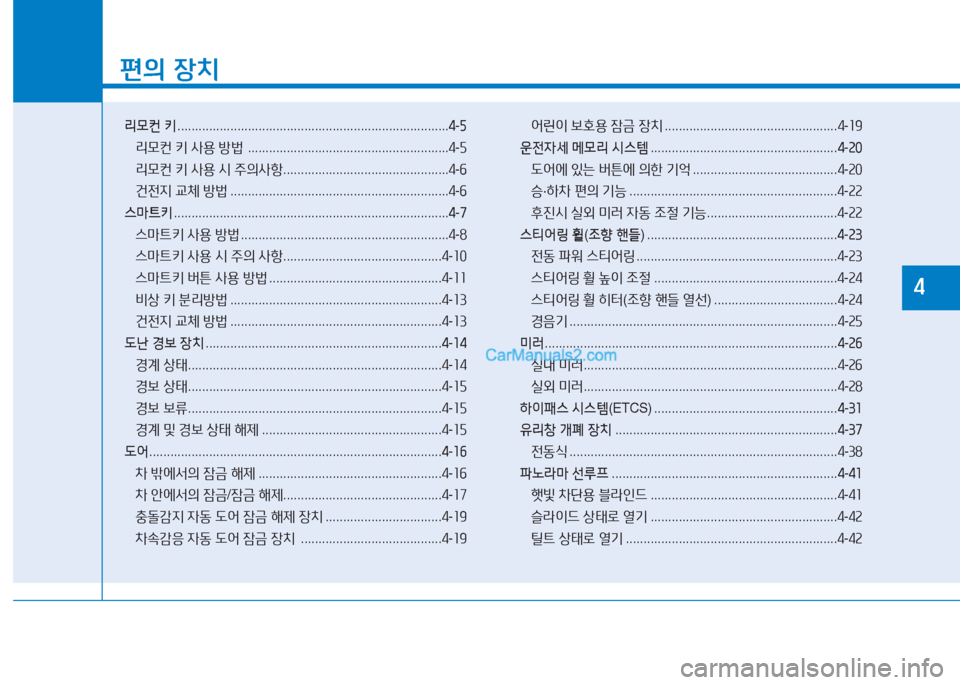 Hyundai Sonata 2016  쏘나타 LF - 사용 설명서 (in Korean) 소
편의 장치
리모컨  키  ............................................................................. 4-5
리0컨  키  사용  방)   .....................................................