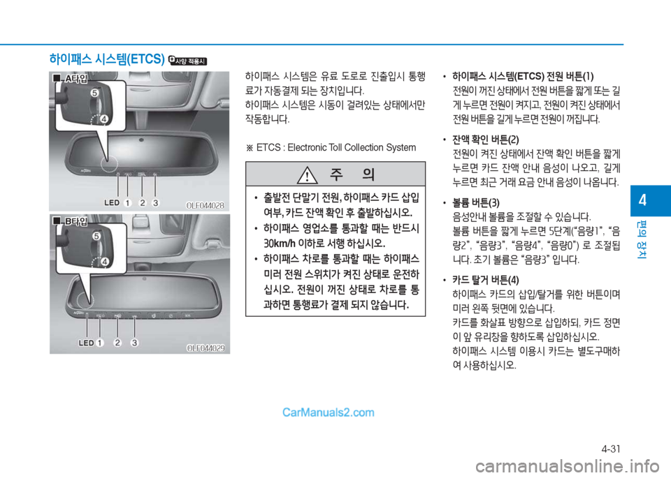 Hyundai Sonata 2016  쏘나타 LF - 사용 설명서 (in Korean) 4-31
편의 장치
4
하이패스 /d스템 (ETCS) 
하이패스  /d스템은  유료   L$