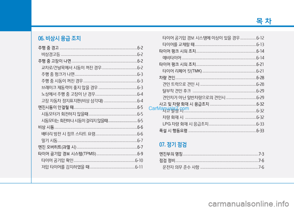 Hyundai Sonata 2016  쏘나타 LF - 사용 설명서 (in Korean) 1
목 차
06. 비상시  응급  조치
주행  중  경고  ........................................................................ 작-속
비상경고등  .........................................