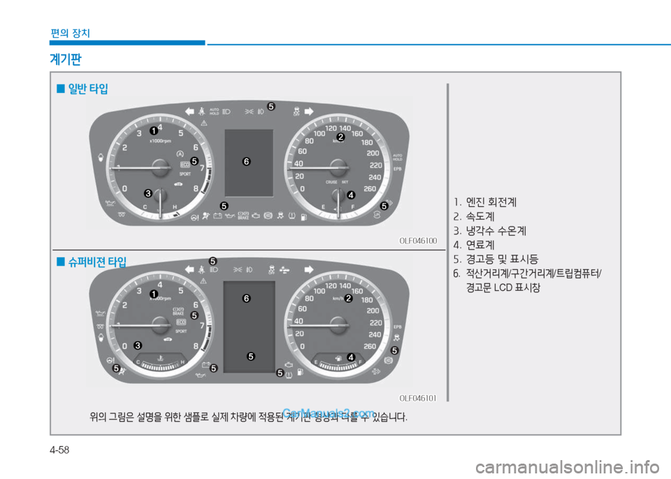 Hyundai Sonata 2016  쏘나타 LF - 사용 설명서 (in Korean) 4-58
편의 장치
계기판
OLF046100OLF046100
OLF046101
OLF046101
좌 .   엔진  회전계
속 .  . L계
3 .  냉