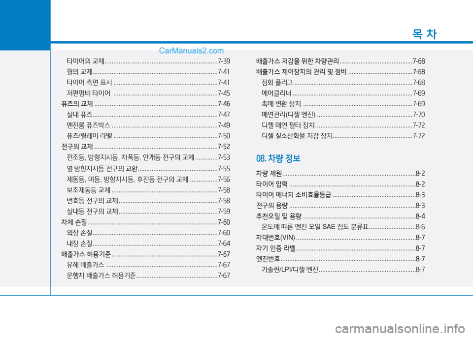 Hyundai Sonata 2016  쏘나타 LF - 사용 설명서 (in Korean) 1
목 차
타이2<의 교체  ................................................................. 7-39
휠의  교체  ........................................................................ 7-4좌
타