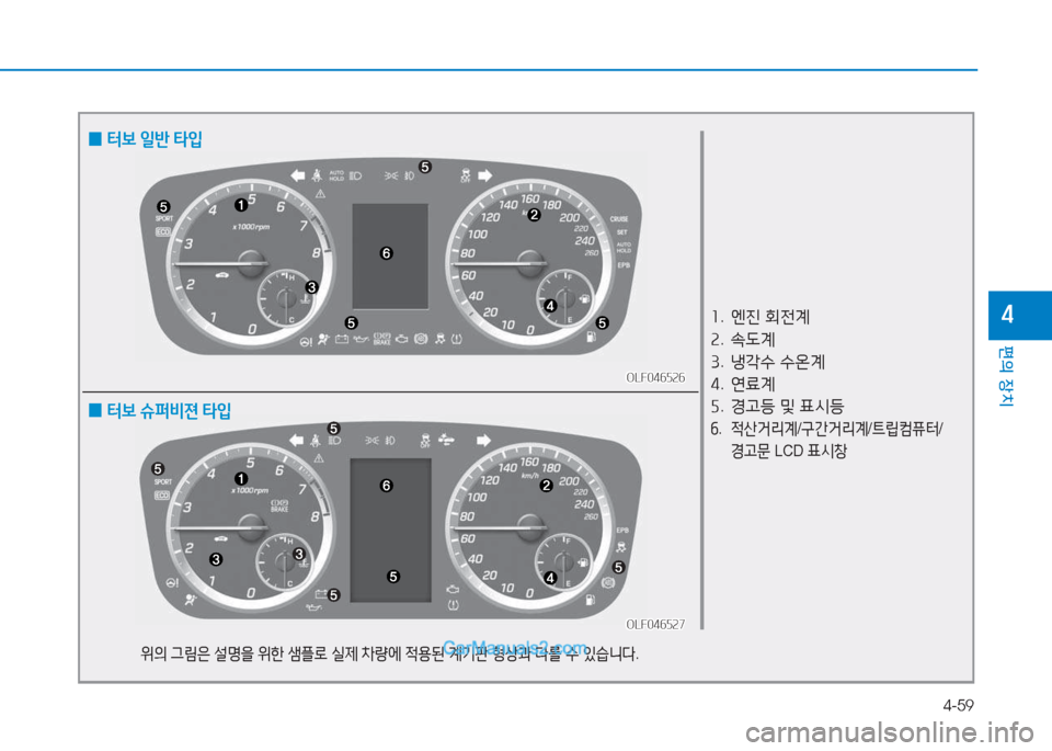Hyundai Sonata 2016  쏘나타 LF - 사용 설명서 (in Korean) 4-59
편의 장치
4
     OLF046526     OLF046526
OLF046527
OLF046527
좌 .   엔진  회전계
속 .  . L계
3 .  냉