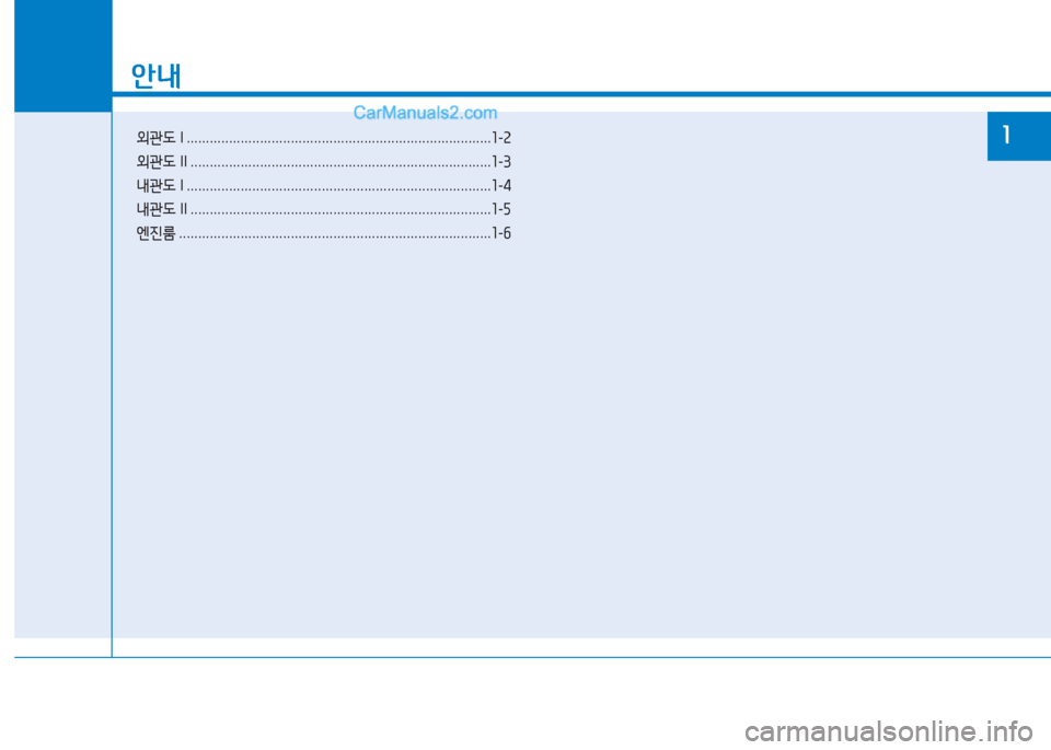 Hyundai Sonata 2016  쏘나타 LF - 사용 설명서 (in Korean) 안내
외관도 I ............................................................................... 1-2
외관도  II .............................................................................. 1-3
