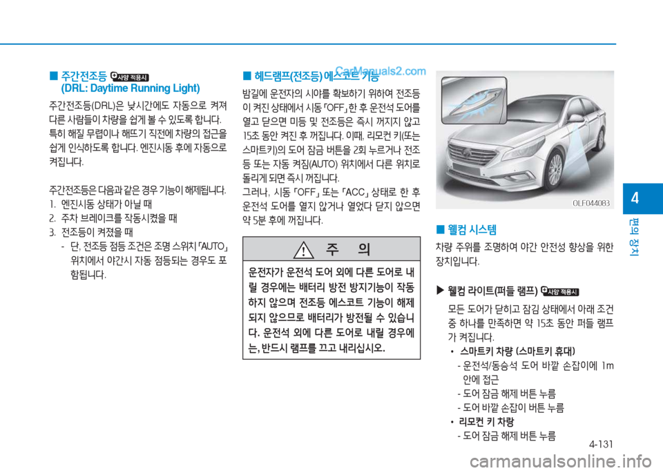 Hyundai Sonata 2016  쏘나타 LF - 사용 설명서 (in Korean) 4-131
편의 장치
4
 
0  
헤드램프 (전4