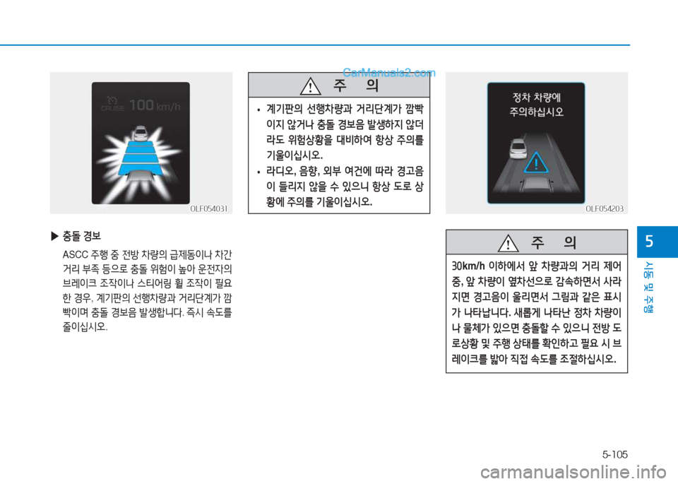 Hyundai Sonata 2016  쏘나타 LF - 사용 설명서 (in Korean) 5-105
시동 및 주B
자
OLF054203OLF054203
   주
        의
3좋km/h  이하2X-