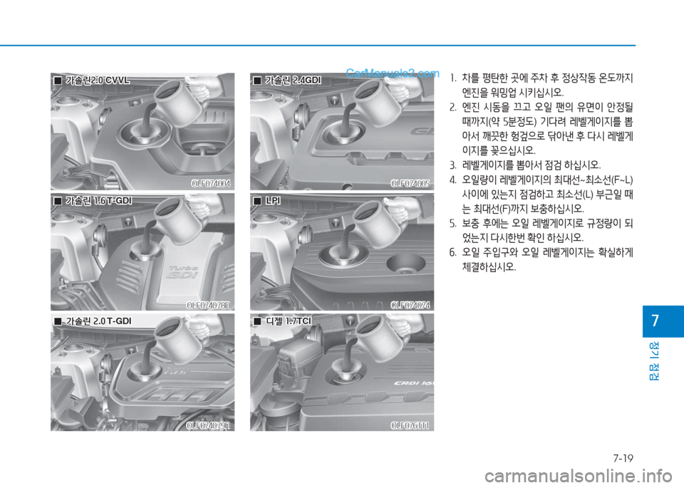 Hyundai Sonata 2016  쏘나타 LF - 사용 설명서 (in Korean) 7-19
정기 점검
높
OLF074004OLF074004
 
 0
0