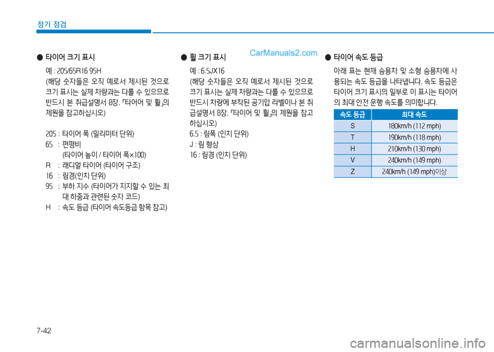 Hyundai Sonata 2016  쏘나타 LF - 사용 설명서 (in Korean) 7-42
정기 점검
 
● 타이어  크기  표/d
  예 : 속0자 /작자 R소작  추자 H
 ( 해당  숫4들은  2