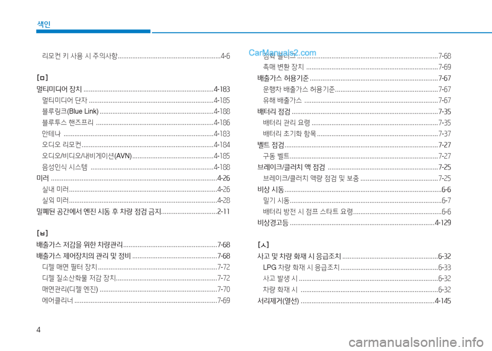 Hyundai Sonata 2016  쏘나타 LF - 사용 설명서 (in Korean) 4
색인
리0컨 키  사용  /d  주의사항  ......................................................... 4-작
[