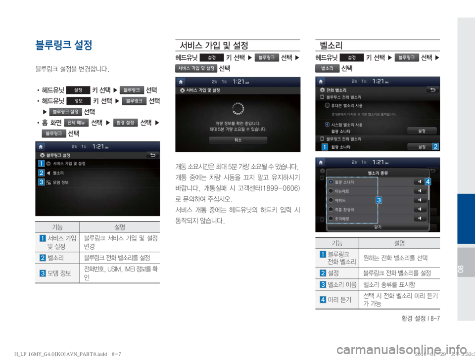 Hyundai Sonata 2016  LF쏘나타 표준4 내비게이션 (in Korean) 
ƒ�¸
��*����
08
블루링크 설정
6Bü�¸

8�øƒääî�
!Ÿ�ûX
,ë�
설정��¶��Ü�블루링크 
