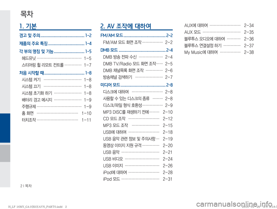 Hyundai Sonata 2016  LF쏘나타 표준4 내비게이션 (in Korean) ���*�~0
1. 기본
경고 및 주의 .............................................. 1-2
제품의 주요 특징 ...................................... 1-4
각 부의 명칭 및 기능 ............
