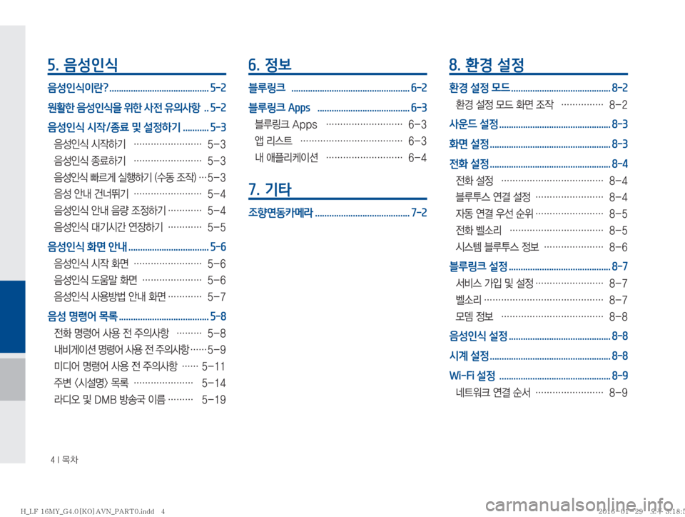 Hyundai Sonata 2016  LF쏘나타 표준4 내비게이션 (in Korean) ���*�~0
5. 음성인식
음성인식이란? .......................................... 5-2
원활한 음성인식을 위한 사전 유의사항  .. 5-2
음성인식 시작/종료 및 설정하기