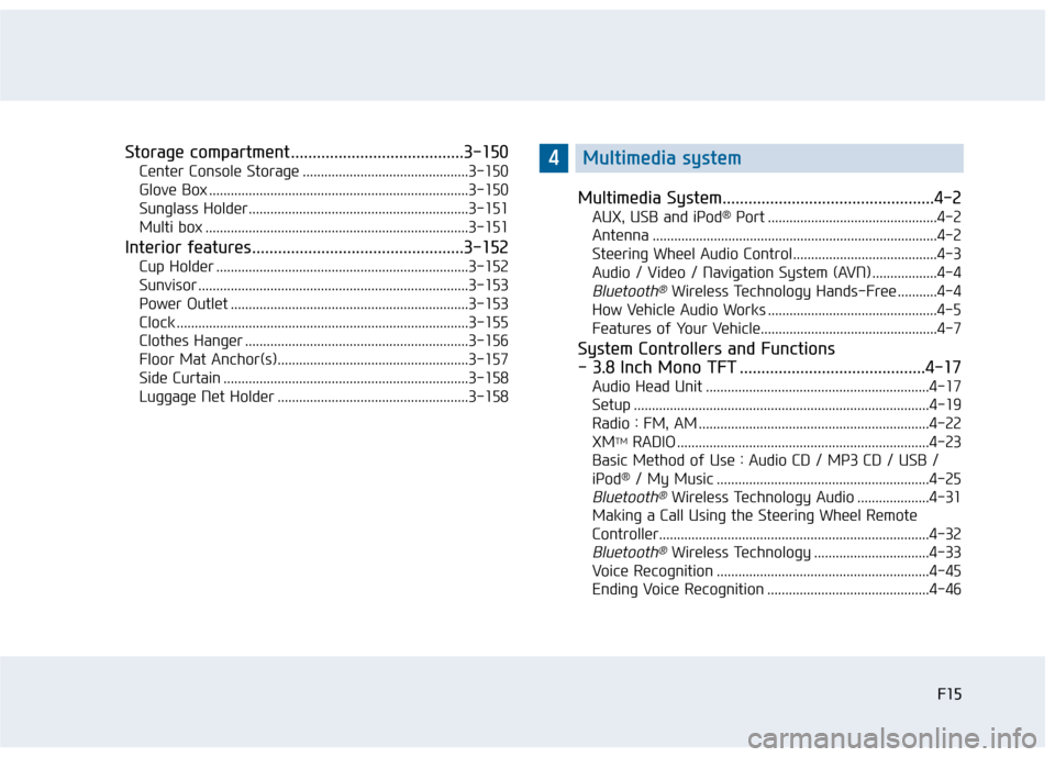 Hyundai Sonata 2015  Owners Manual F15F15
Storage compartment ........................................3-150
Center Console Storage ..............................................3-150
Glove Box ..........................................