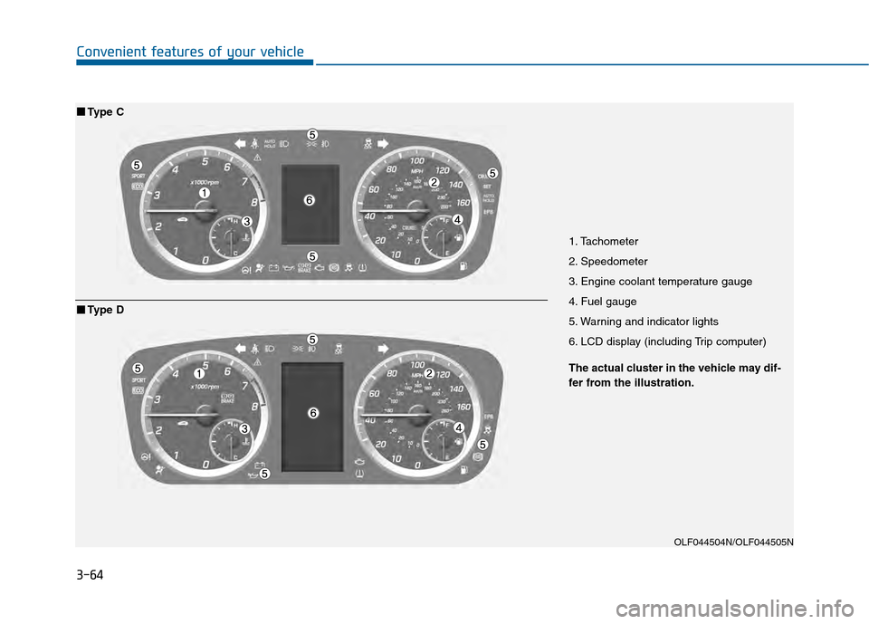 Hyundai Sonata 2015  Owners Manual 3-64
Convenient features of your vehicle
1. Tachometer
2. Speedometer
3. Engine coolant temperature gauge
4. Fuel gauge
5. Warning and indicator lights
6. LCD display (including Trip computer)
OLF0445