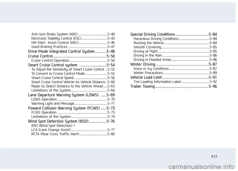 Hyundai Sonata 2015  Owners Manual F17F17
Anti-lock Brake System (ABS) ....................................5-40
Electronic Stability Control (ESC)................................5-43
Hill-Start  Assist Control (HAC) ...................