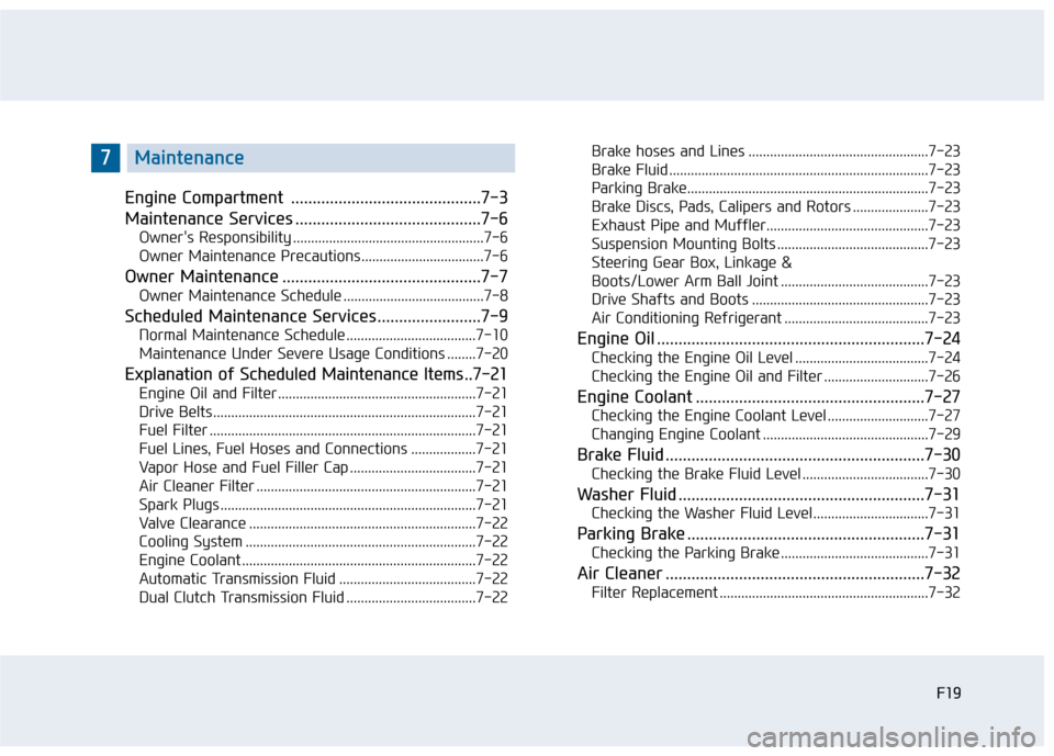 Hyundai Sonata 2015  Owners Manual F19
Engine Compartment  ............................................7-3
Maintenance Services ...........................................7-6
Owners Responsibility .....................................