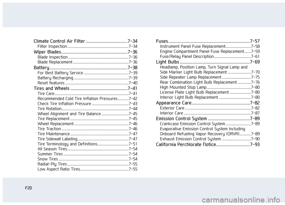 Hyundai Sonata 2015  Owners Manual F20F20
Climate Control Air Filter ....................................7-34
Filter Inspection ...............................................................7-34
Wiper Blades...........................