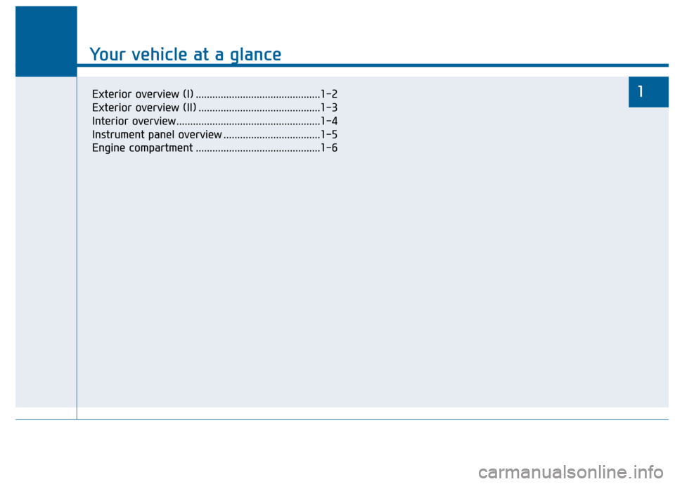 Hyundai Sonata 2015 Owners Guide Your vehicle at a glance
1
Your vehicle at a glance
1Exterior overview (I) .............................................1-2
Exterior overview (II) ............................................1-3
Inter Hyundai Sonata 2015 Owners Guide Your vehicle at a glance
1
Your vehicle at a glance
1Exterior overview (I) .............................................1-2
Exterior overview (II) ............................................1-3
Inter