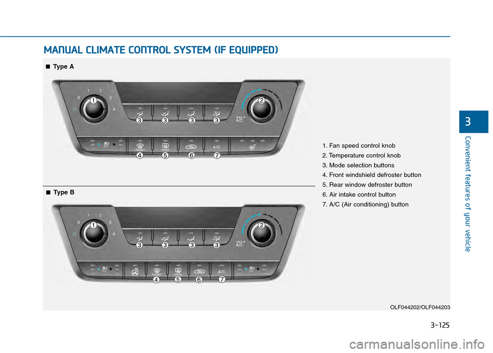 Hyundai Sonata 2015 Owners Manual 3-125
Convenient features of your vehicle
3
M
MA
AN
N U
U A
AL
L
C
C L
LI
IM
M A
AT
TE
E
C
C O
O N
NT
TR
R O
O L
L
S
S Y
Y S
ST
T E
EM
M
(
( I
IF
F
E
E Q
Q U
UI
IP
P P
PE
ED
D )
)
OLF04420 Hyundai Sonata 2015 Owners Manual 3-125
Convenient features of your vehicle
3
M
MA
AN
N U
U A
AL
L
C
C L
LI
IM
M A
AT
TE
E
C
C O
O N
NT
TR
R O
O L
L
S
S Y
Y S
ST
T E
EM
M
(
( I
IF
F
E
E Q
Q U
UI
IP
P P
PE
ED
D )
)
OLF04420