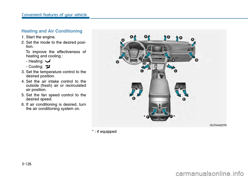 Hyundai Sonata 2015  Owners Manual 3-126
Convenient features of your vehicle
Heating and Air Conditioning
1. Start the engine.
2. Set the mode to the desired posi-tion.
To improve the effectiveness of heating and cooling :
- Heating:
-