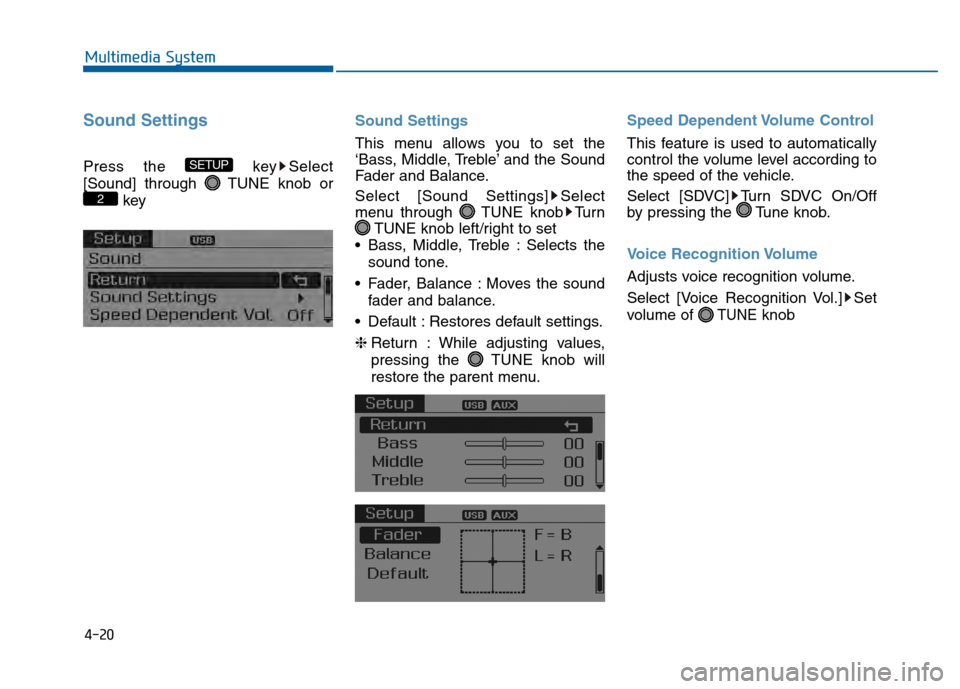 Hyundai Sonata 2015  Owners Manual 4-20
Multimedia System
Sound Settings
Press the  key Select
[Sound] through  TUNE knob orkey Sound Settings
This menu allows you to set the
‘Bass, Middle, Treble’ and the Sound
Fader and Balance.
