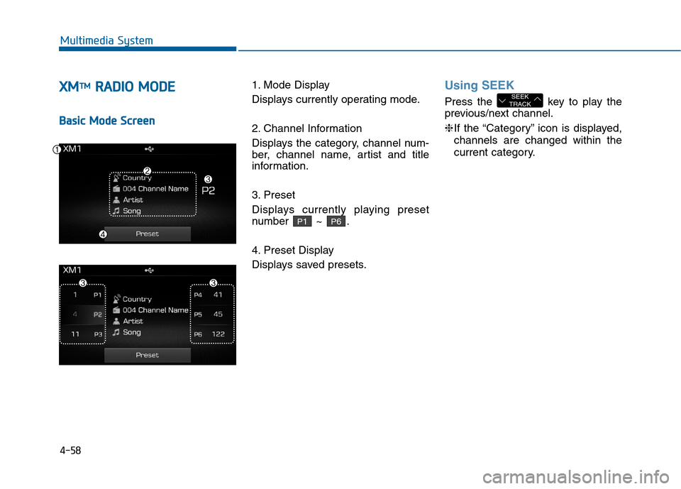 Hyundai Sonata 2015 Owners Manual 4-58
Multimedia System
X
XM
MT
TM
MR
R A
A D
DI
IO
O
M
M O
OD
DE
E
B
Ba
as
si
ic
c
M
M o
od
de
e
S
S c
cr
re
e e
en
n 1. Mode Display
Displays currently operating mode.
2. Channel Information
Hyundai Sonata 2015 Owners Manual 4-58
Multimedia System
X
XM
MT
TM
MR
R A
A D
DI
IO
O
M
M O
OD
DE
E
B
Ba
as
si
ic
c
M
M o
od
de
e
S
S c
cr
re
e e
en
n 1. Mode Display
Displays currently operating mode.
2. Channel Information