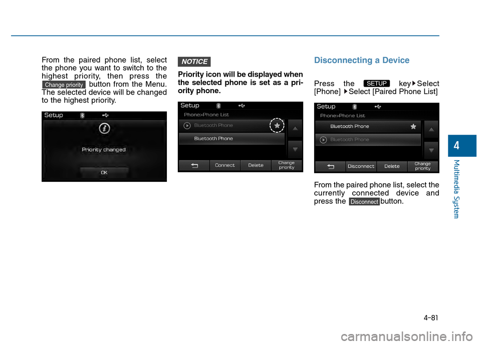 Hyundai Sonata 2015  Owners Manual 4-81
Multimedia System
4
From the paired phone list, select
the phone you want to switch to the
highest priority, then press thebutton from the Menu.
The selected device will be changed
to the highest