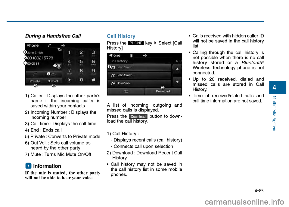 Hyundai Sonata 2015  Owners Manual 4-85
Multimedia System
4
During a Handsfree Call
1) Caller : Displays the other party’sname if the incoming caller is
saved within your contacts
2) Incoming Number : Displays the  incoming number
3)