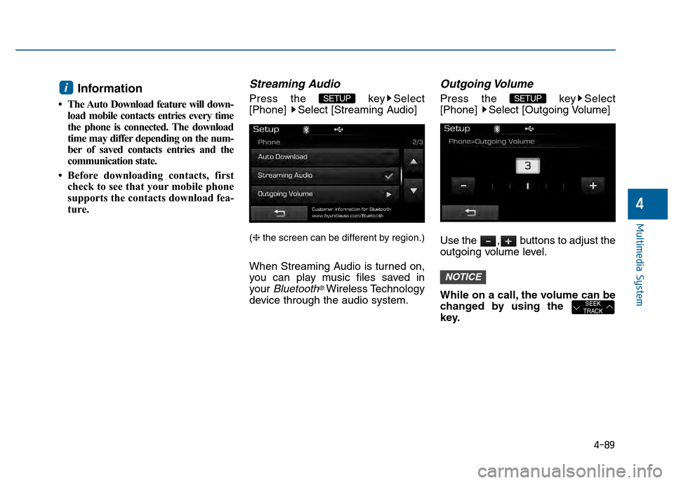 Hyundai Sonata 2015  Owners Manual 4-89
Multimedia System
4
Information 
• The Auto Download feature will down-load mobile contacts entries every time
the phone is connected. The download
time may differ depending on the num-
ber of 