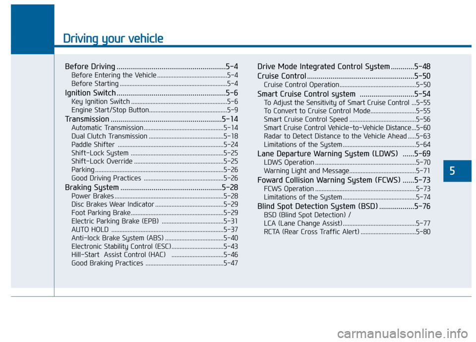 Hyundai Sonata 2015  Owners Manual Driving your vehicle
5
Before Driving ........................................................5-4
Before Entering the Vehicle ...........................................5-4
Before Starting ...........