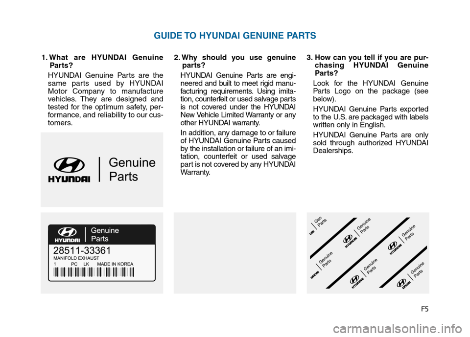 Hyundai Sonata 2015  Owners Manual F5
1. What are HYUNDAI GenuineParts?
HYUNDAI Genuine Parts are the
same parts used by HYUNDAI
Motor Company to manufacture
vehicles. They are designed and
tested for the optimum safety, per-
formance,