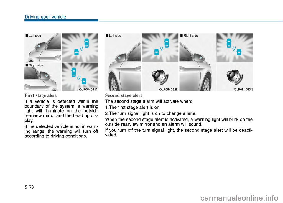 Hyundai Sonata 2015  Owners Manual 5-78
Driving your vehicle
First stage alert
If a vehicle is detected within the
boundary of the system, a warning
light will illuminate on the outside
rearview mirror and the head up dis-
play.
If the