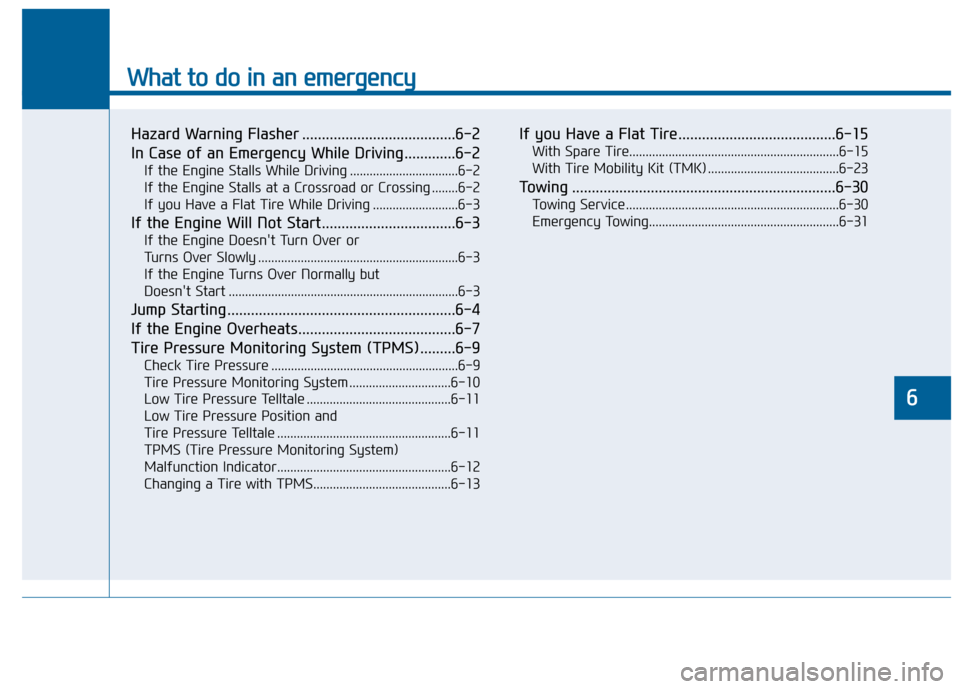Hyundai Sonata 2015  Owners Manual What to do in an emergency
6
Hazard Warning Flasher .......................................6-2
In Case of an Emergency While Driving.............6-2
If the Engine Stalls While Driving ................